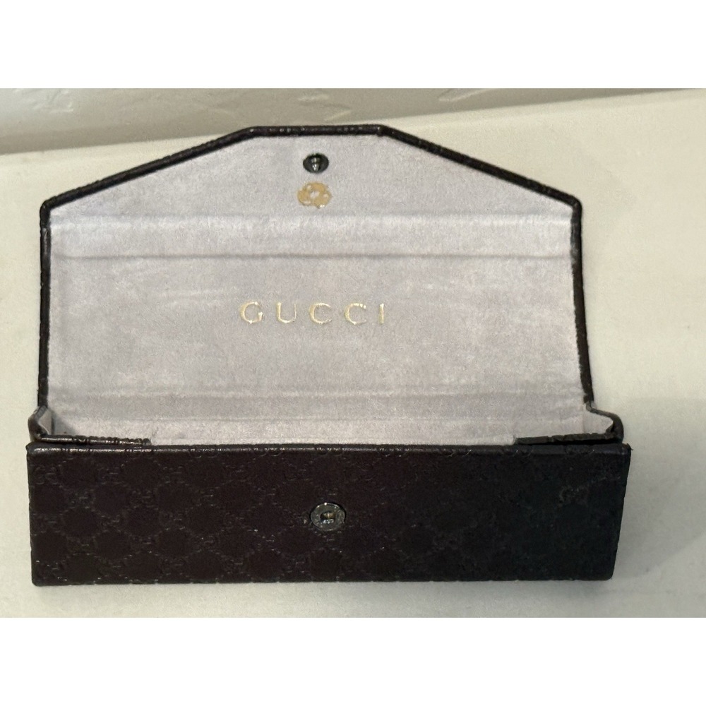 GUCCI‎ Brown Embossed Leather Hardshell Folding Triangle Glasses Case Suede
